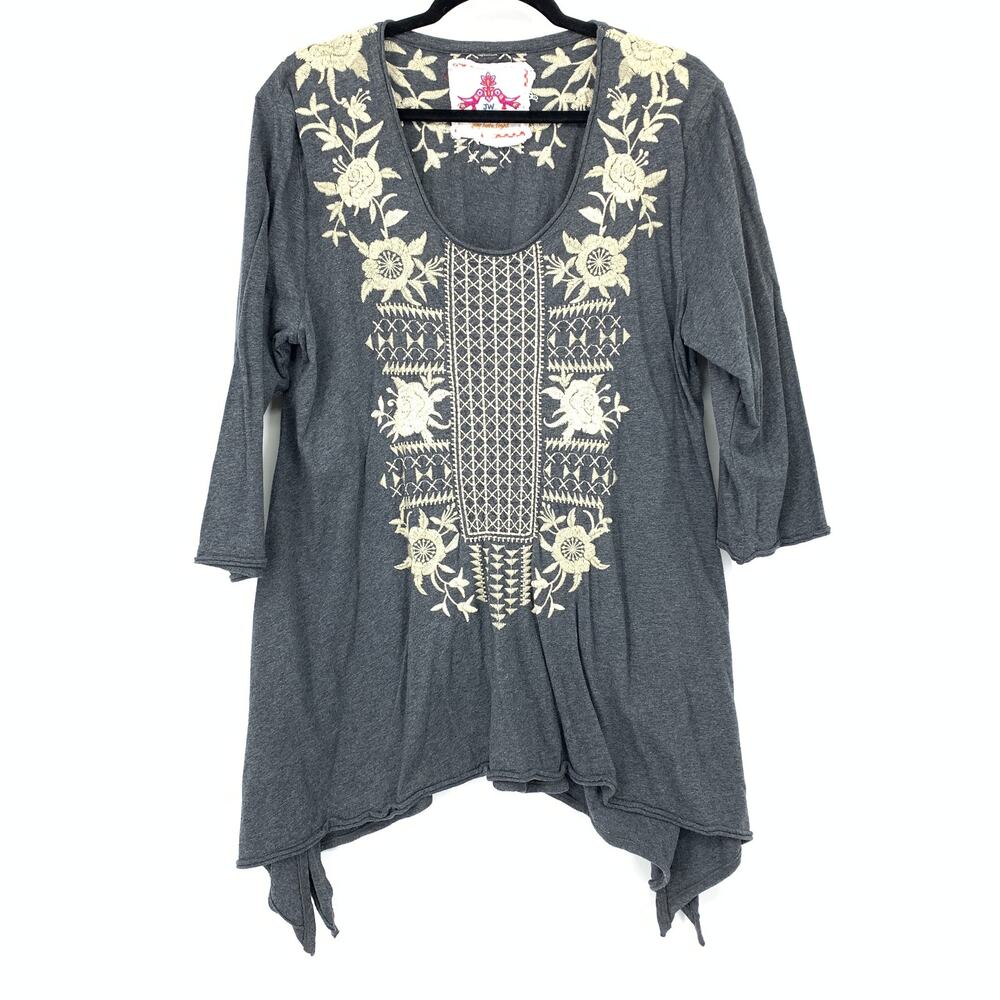 Johnny Was Womens Large Gray Floral Embroidered Tunic Top Sharkbite Hem Boho
